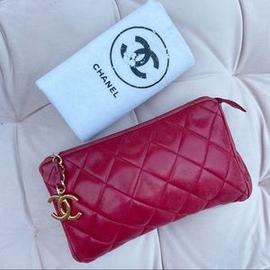 Chanel Matelassé CC Gold Charm Clutch in Red w/Dust Bag